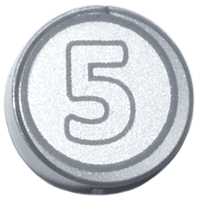 Tile, Round 1 x 1 with Dark Bluish Gray Outlined Number 5 on Silver Background Coin Pattern